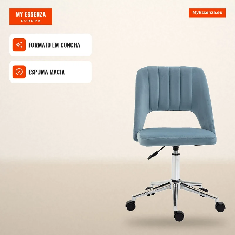 Cadeira Home Office Cadeira de Secretária com Aparência em Veludo, Altura Ajustável, Cadeira Giratória/Cadeira de Maquilhagem, Cadeira de Escritório até 120 kg, para Escritório ou Quarto Azul