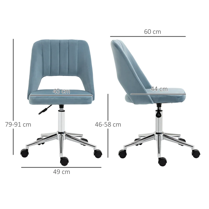 Cadeira Home Office Cadeira de Secretária com Aparência em Veludo, Altura Ajustável, Cadeira Giratória/Cadeira de Maquilhagem, Cadeira de Escritório até 120 kg, para Escritório ou Quarto Azul
