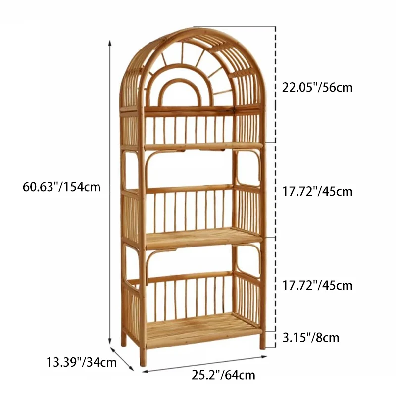 Contemporary Coastal Arched Rectangular Indonesian Rattan Display Rack 3-Tier For Living Room