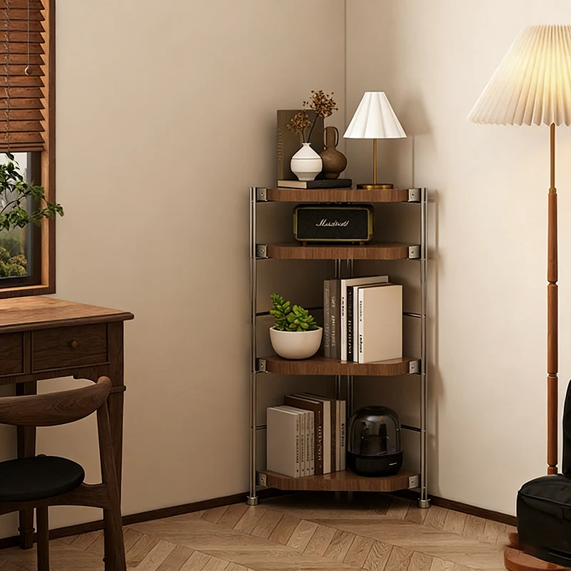 Modern Minimalist Particleboard & Steel Triangle Corner Shelf Unit With 4-Tiers For Living Room And Home Office