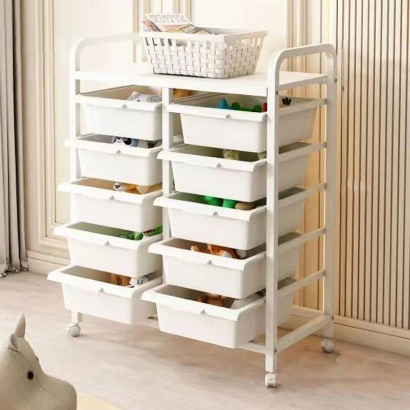Modern Minimalist PP & Carbon Steel Rectangular Storage Shelf With Drawers, Mobile Organizer For Living Room & Bedroom
