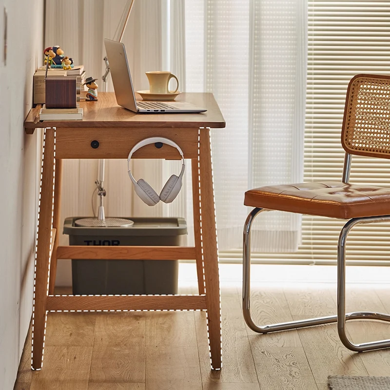 Modern Minimalist Solid Cherry Wood Glass Rectangular Desk With 2 Drawers & Side Hook For Home Office