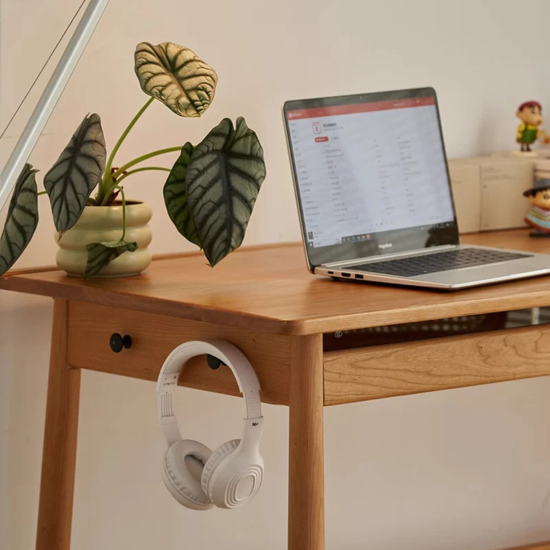Modern Minimalist Solid Cherry Wood Glass Rectangular Desk With 2 Drawers & Side Hook For Home Office