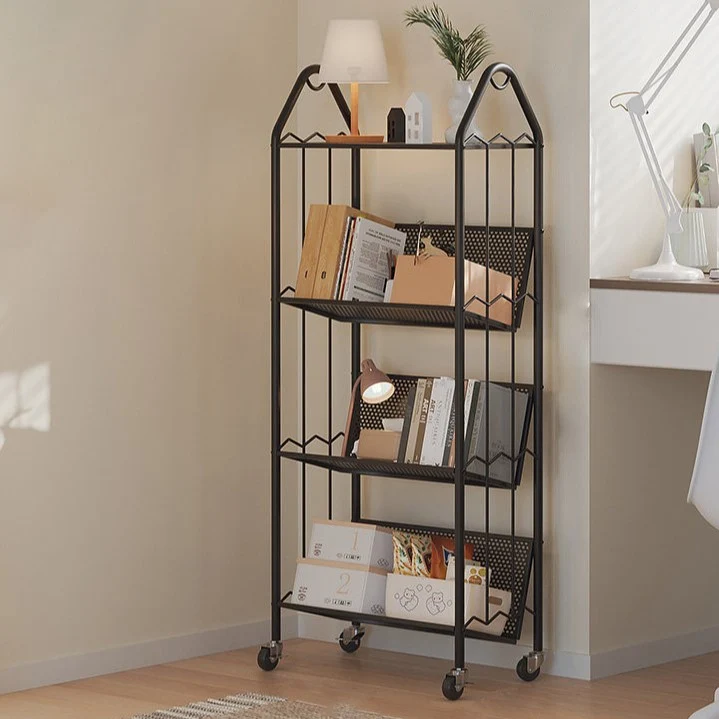 Contemporary Scandinavian Rectangular Carbon Steel Movable Storage Bookshelf 4-Tier For Living Room