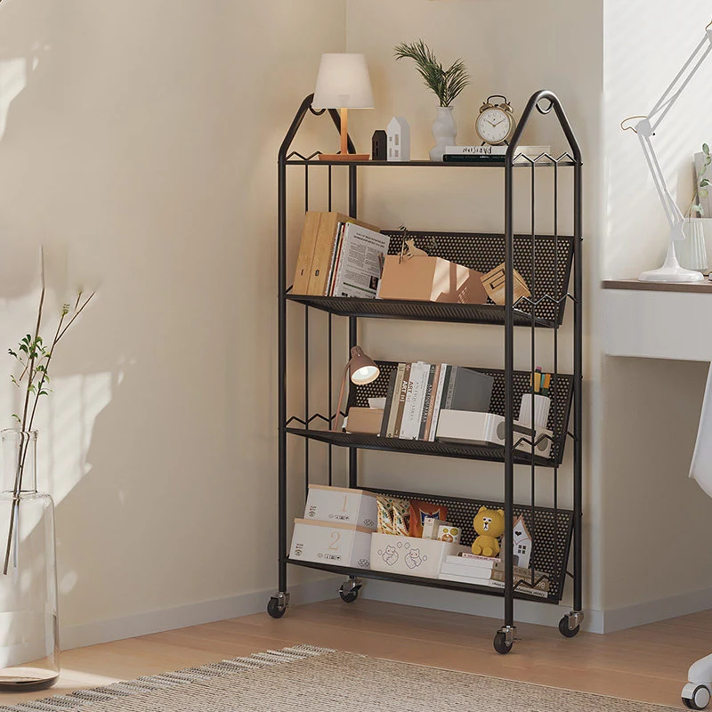 Contemporary Scandinavian Rectangular Carbon Steel Movable Storage Bookshelf 4-Tier For Living Room
