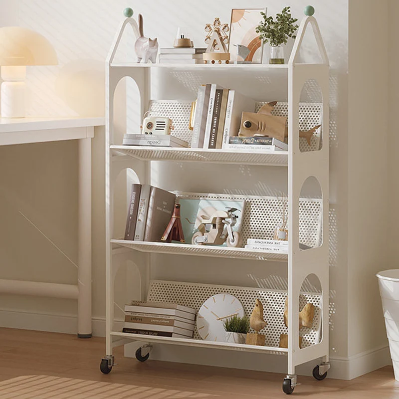 Contemporary Scandinavian Rectangular Carbon Steel Movable Storage Bookshelf 4-Tier For Living Room