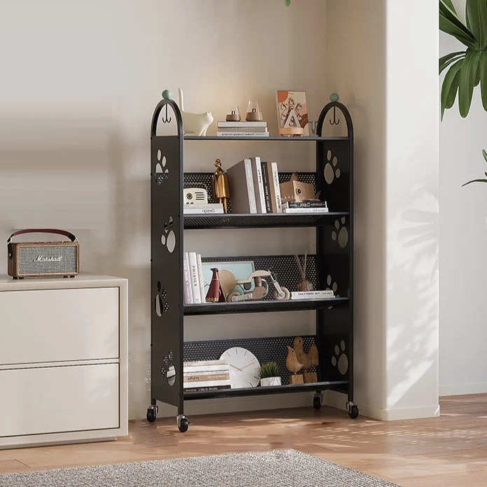 Contemporary Scandinavian Rectangular Carbon Steel Movable Storage Bookshelf 4-Tier For Living Room