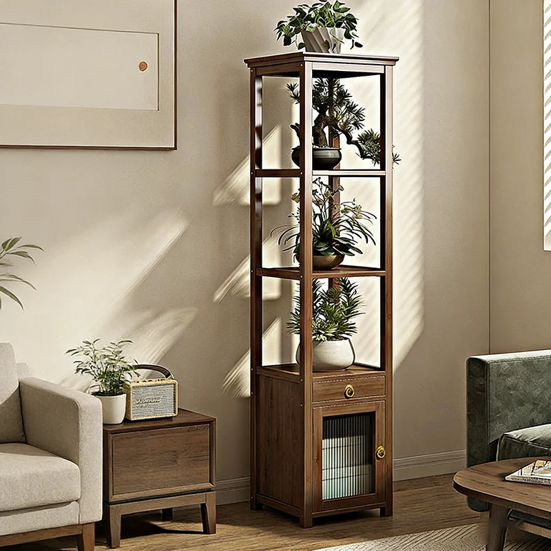 Traditional Chinese Nan Bamboo Acrylic Iron Square Display Rack 1/2/3/4-Tier Multiple Shelves For Living Room