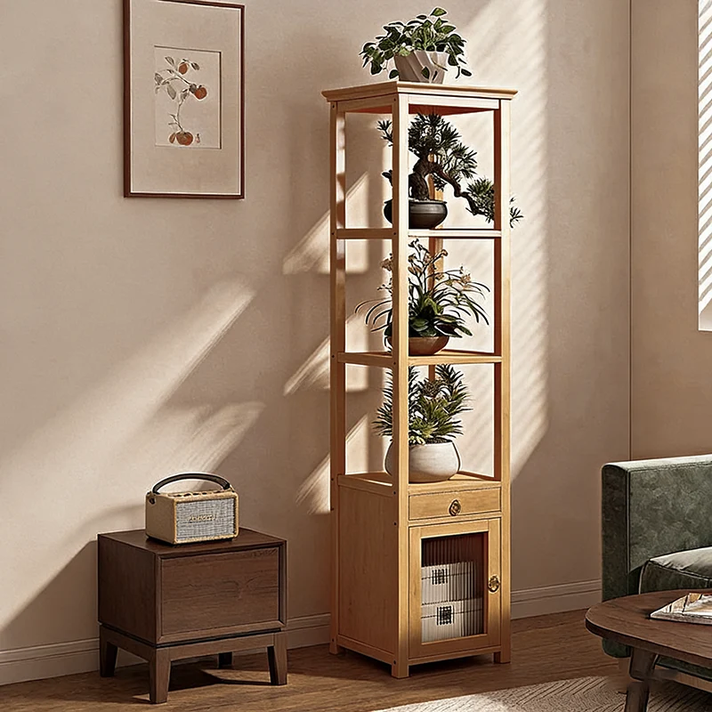 Traditional Chinese Nan Bamboo Acrylic Iron Square Display Rack 1/2/3/4-Tier Multiple Shelves For Living Room