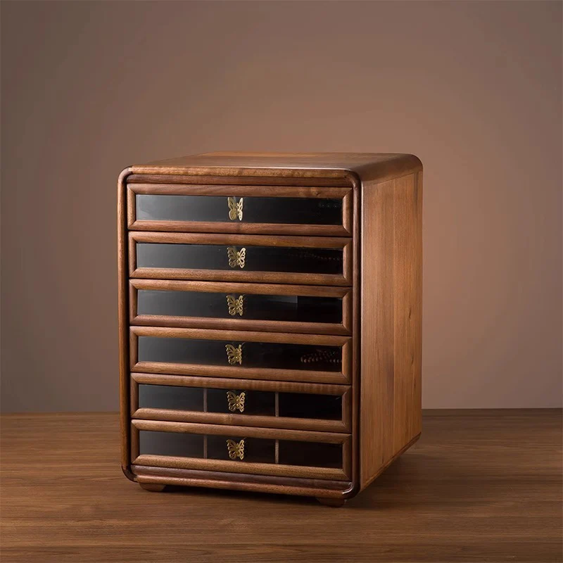Contemporary Retro Black Walnut Copper Glass Square Storage Cabinet 6-Drawer For Living Room