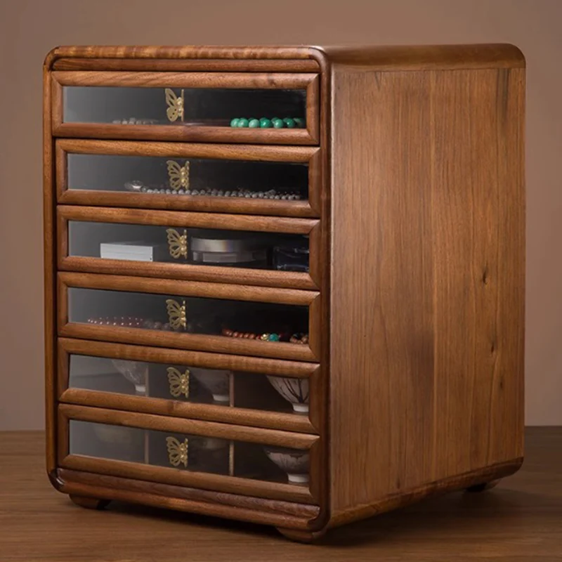 Contemporary Retro Black Walnut Copper Glass Square Storage Cabinet 6-Drawer For Living Room