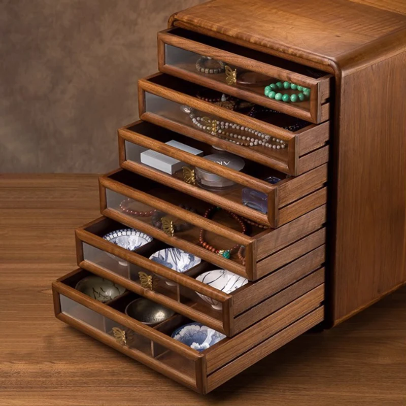 Contemporary Retro Black Walnut Copper Glass Square Storage Cabinet 6-Drawer For Living Room