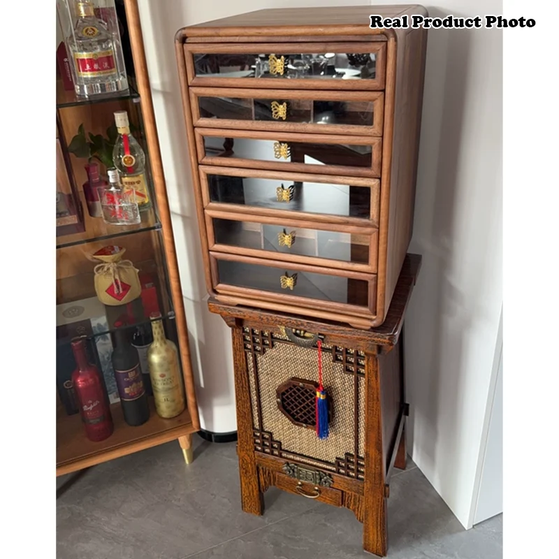 Contemporary Retro Black Walnut Copper Glass Square Storage Cabinet 6-Drawer For Living Room