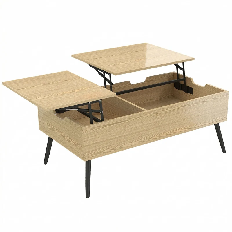 Mesa de Centro Elevável com Duplo Tampo Mesa de Sala com Compartimento Oculto e Pés de Metal Madeira Natural