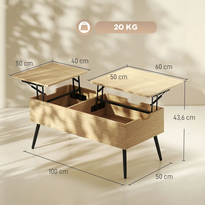 Mesa de Centro Elevável com Duplo Tampo Mesa de Sala com Compartimento Oculto e Pés de Metal Madeira Natural