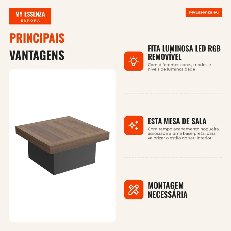 Mesa de Centro Quadrada com Iluminação LED 16 Cores Mesa de Sala Moderna 90x90x45 cm Nogueira