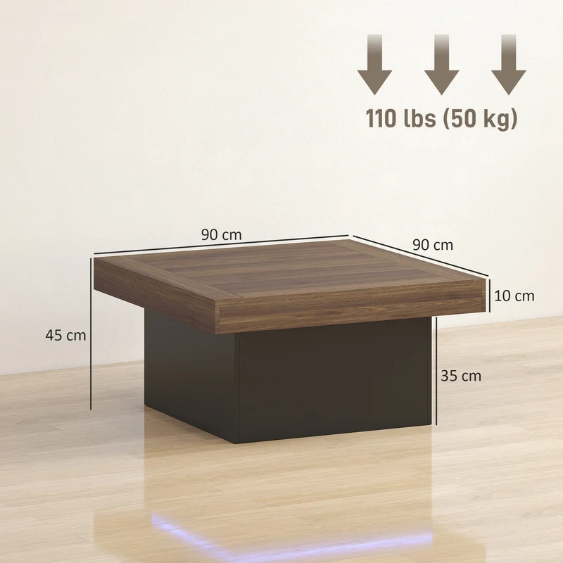 Mesa de Centro Quadrada com Iluminação LED 16 Cores Mesa de Sala Moderna 90x90x45 cm Nogueira