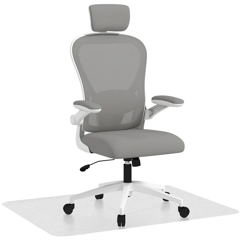 Conjunto de Cadeira de Escritório com Altura Ajustável Apoio de Cabeça e Suporte Lombar Ajustáveis Cinzento e 1 Tapete Protetor 90x120 cm Transparente