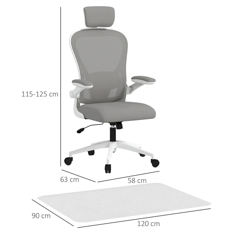 Conjunto de Cadeira de Escritório com Altura Ajustável Apoio de Cabeça e Suporte Lombar Ajustáveis Cinzento e 1 Tapete Protetor 90x120 cm Transparente