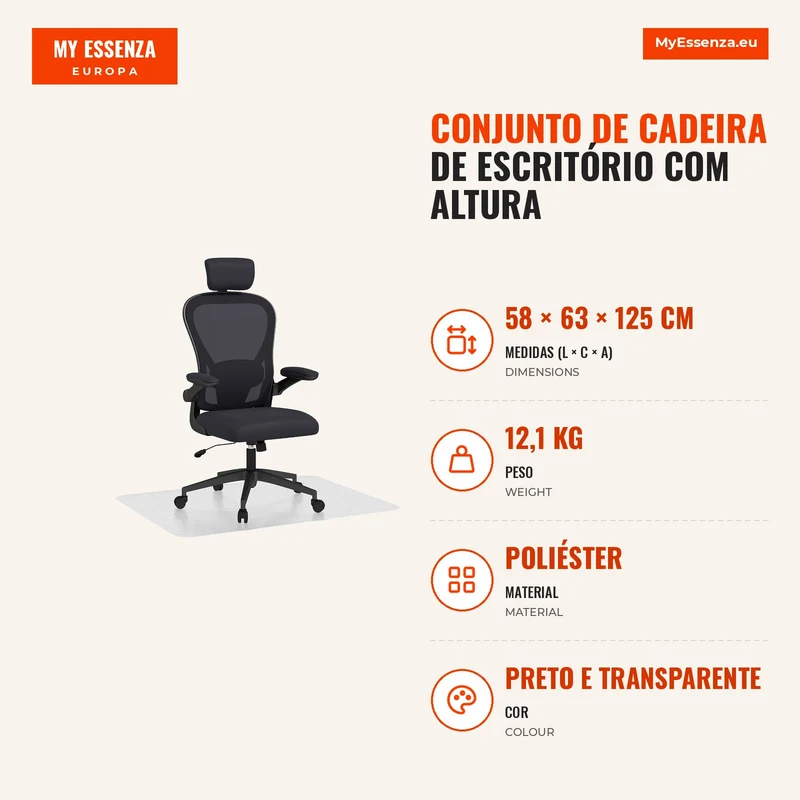 Conjunto de Cadeira de Escritório com Altura Ajustável Apoio de Cabeça e Suporte Lombar Ajustáveis Preto e 1 Tapete Protetor 90x120 cm Transparente