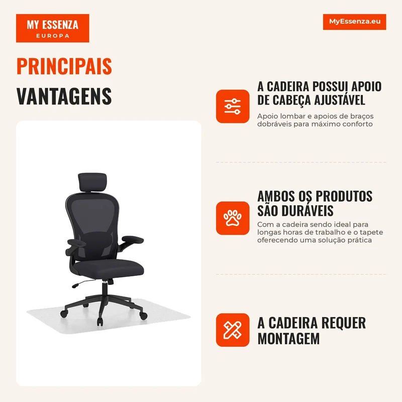Conjunto de Cadeira de Escritório com Altura Ajustável Apoio de Cabeça e Suporte Lombar Ajustáveis Preto e 1 Tapete Protetor 90x120 cm Transparente