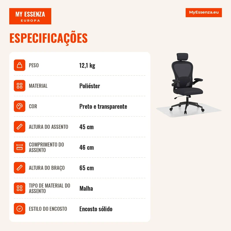Conjunto de Cadeira de Escritório com Altura Ajustável Apoio de Cabeça e Suporte Lombar Ajustáveis Preto e 1 Tapete Protetor 90x120 cm Transparente