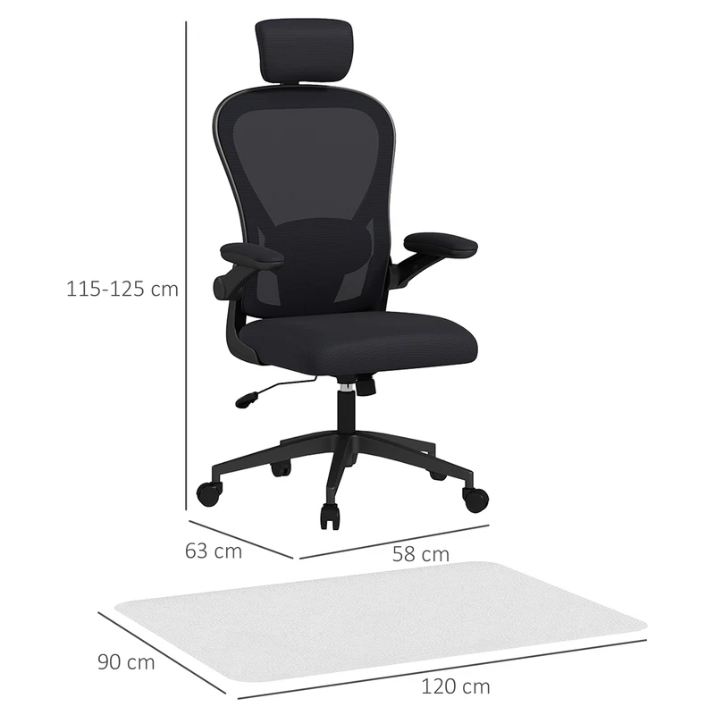 Conjunto de Cadeira de Escritório com Altura Ajustável Apoio de Cabeça e Suporte Lombar Ajustáveis Preto e 1 Tapete Protetor 90x120 cm Transparente