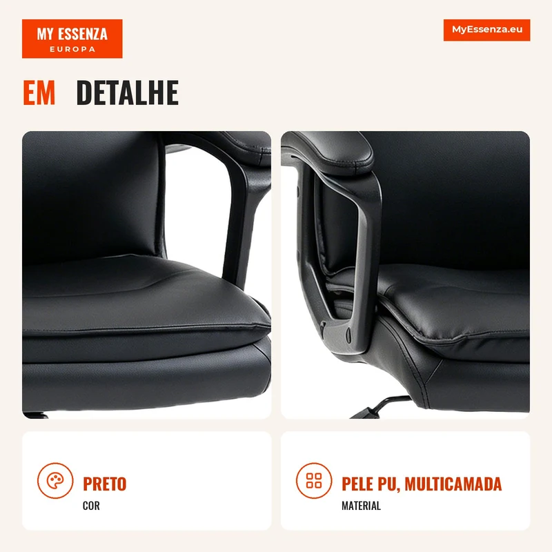 Cadeira de Escritório Giratória em Pele PU Função Balanço Encosto Alto Altura Regulável Capacidade 120 kg Preto