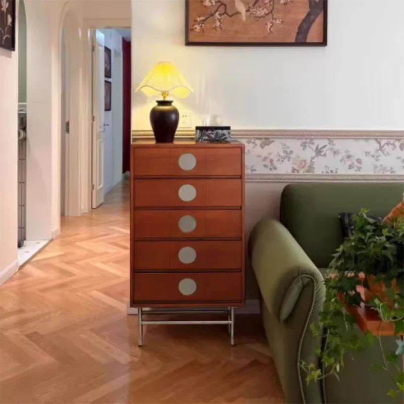 Contemporary Retro Stainless Steel Pine Wood Solid Wood Multi-Layer Board Rectangular Storage Cabinet 5-Drawer For Living Room