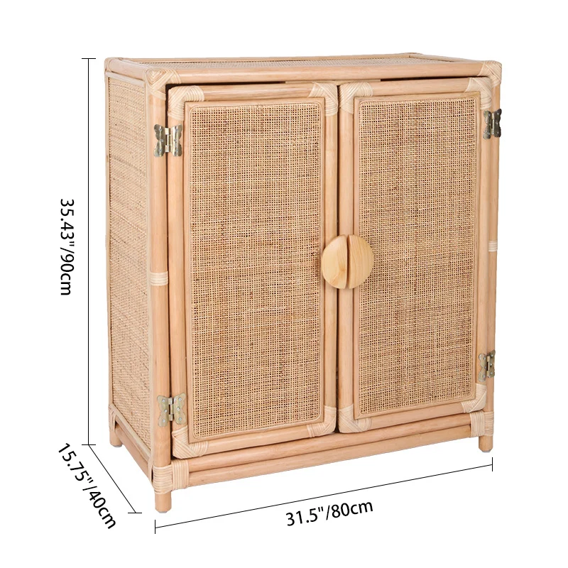 Contemporary Boho Handwoven Indonesian Rattan Solid Wood Storage Cabinet - Rectangular Low Profile Cabinet For Living Room