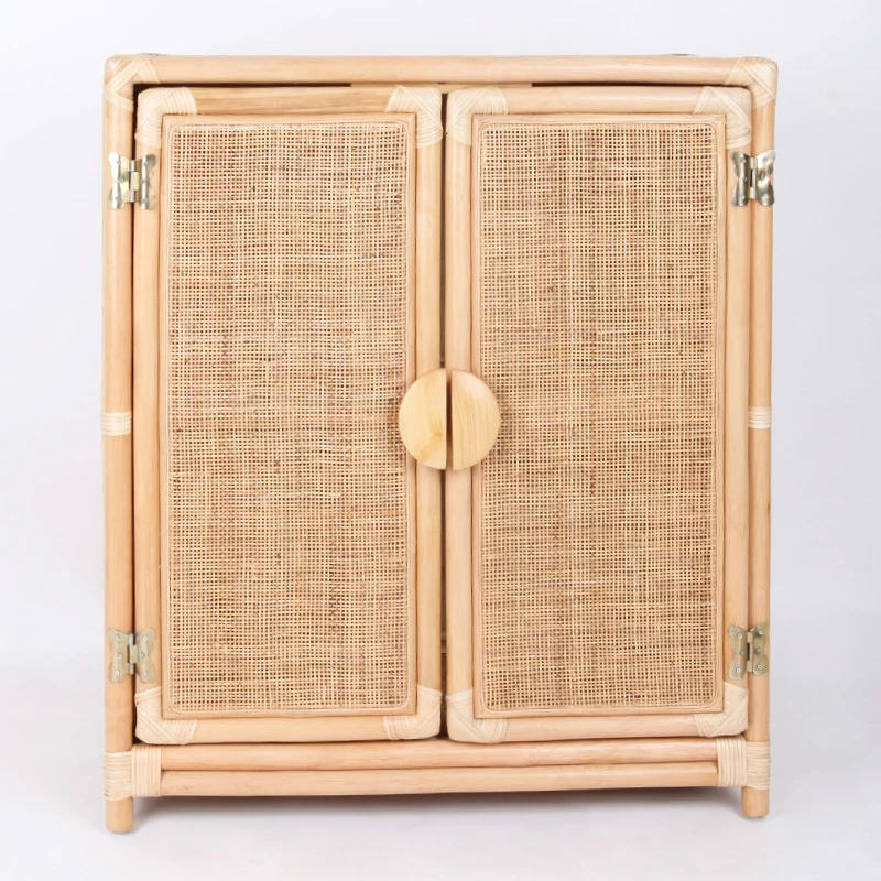 Contemporary Boho Handwoven Indonesian Rattan Solid Wood Storage Cabinet - Rectangular Low Profile Cabinet For Living Room