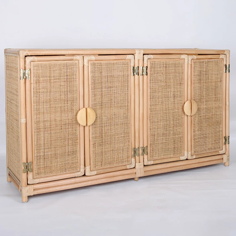 Contemporary Boho Handwoven Indonesian Rattan Solid Wood Storage Cabinet - Rectangular Low Profile Cabinet For Living Room