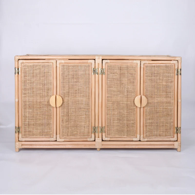 Contemporary Boho Handwoven Indonesian Rattan Solid Wood Storage Cabinet - Rectangular Low Profile Cabinet For Living Room