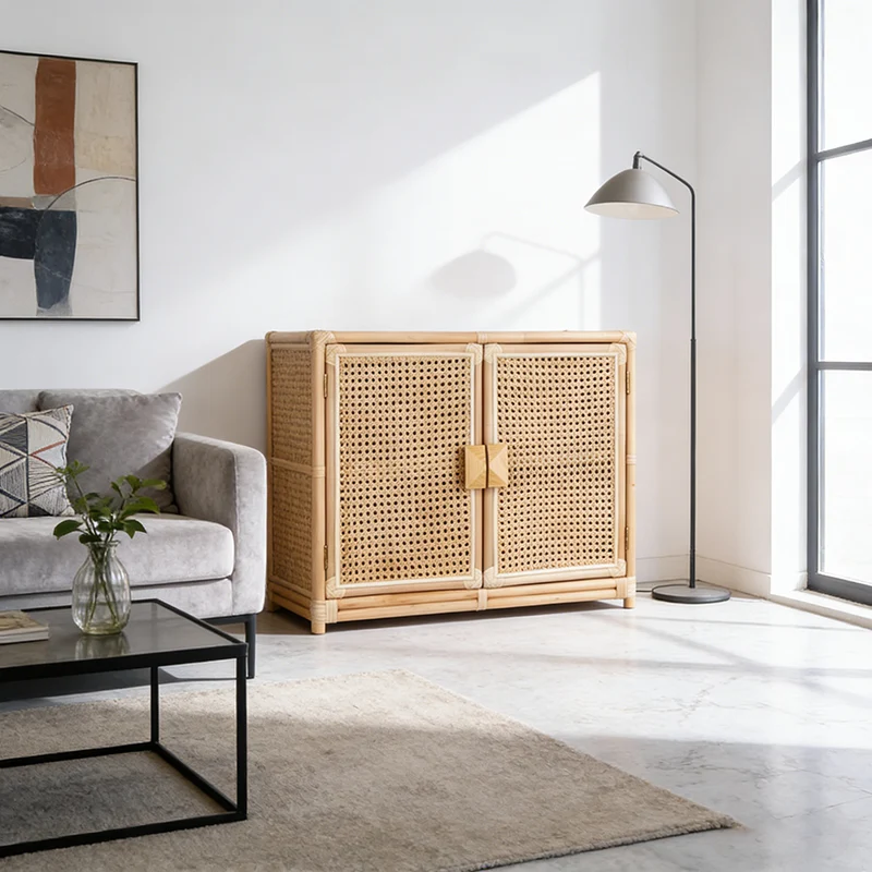 Contemporary Boho Natural Rattan Wooden Storage Cabinet - Rectangular Handwoven Indonesian Rattan Storage Unit For Living Room