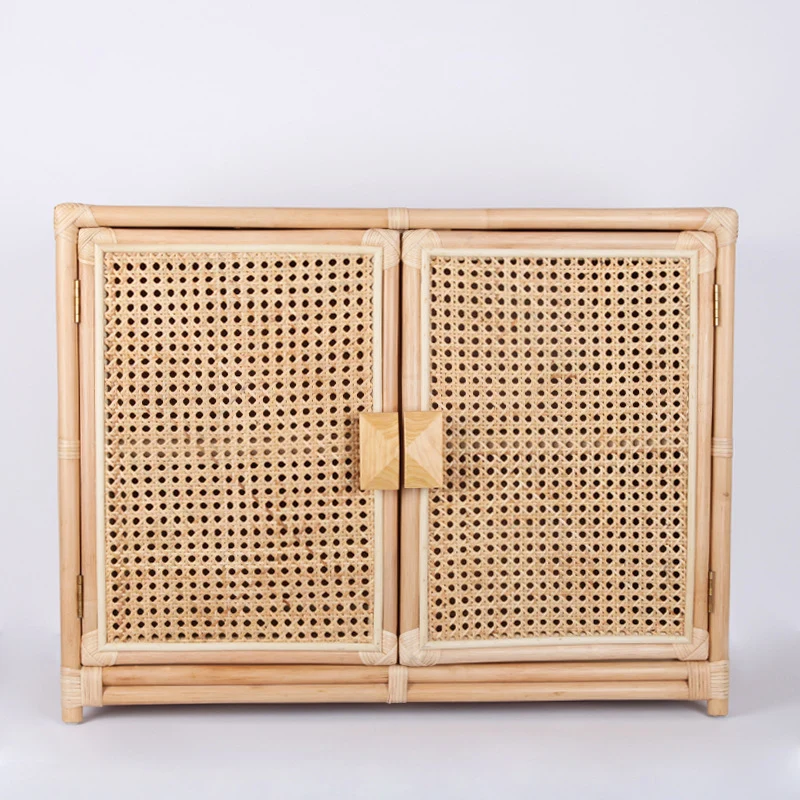 Contemporary Boho Natural Rattan Wooden Storage Cabinet - Rectangular Handwoven Indonesian Rattan Storage Unit For Living Room