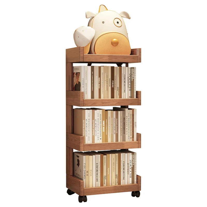 Traditional Vintage Rectangular Rubberwood Solid Wood Movable Bookshelf 2/3/4-Tier For Living Room