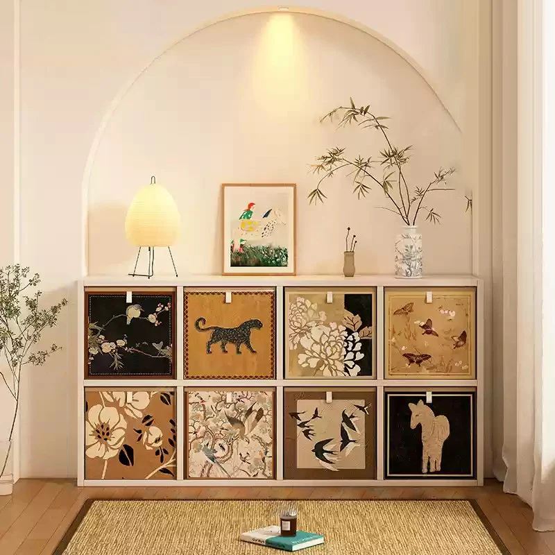 Traditional Vintage Square Multi-Layer Solid Wood Panel Fabric Storage Bookshelf 4/6/8/10-Cabinet For Living Room