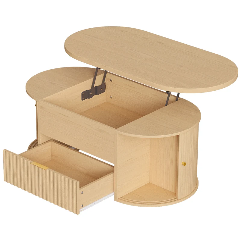 Mesa de Centro com Tampo Elevatório Oval Compartimento Oculto Gaveta Canelada Portas de Correr e Armários 100x50x40 cm Carvalho