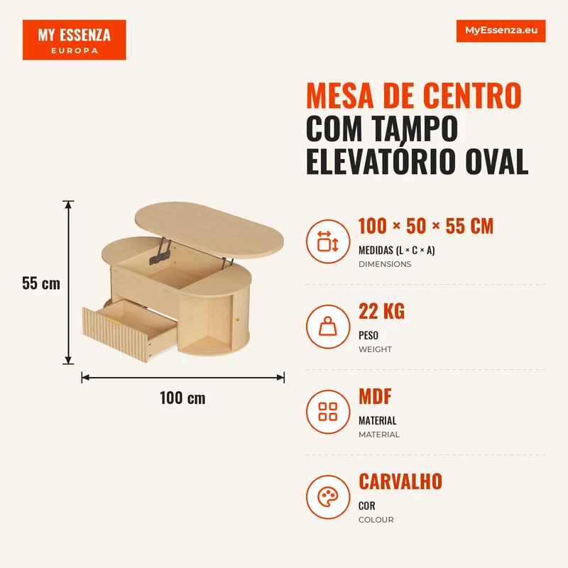 Mesa de Centro com Tampo Elevatório Oval Compartimento Oculto Gaveta Canelada Portas de Correr e Armários 100x50x40 cm Carvalho