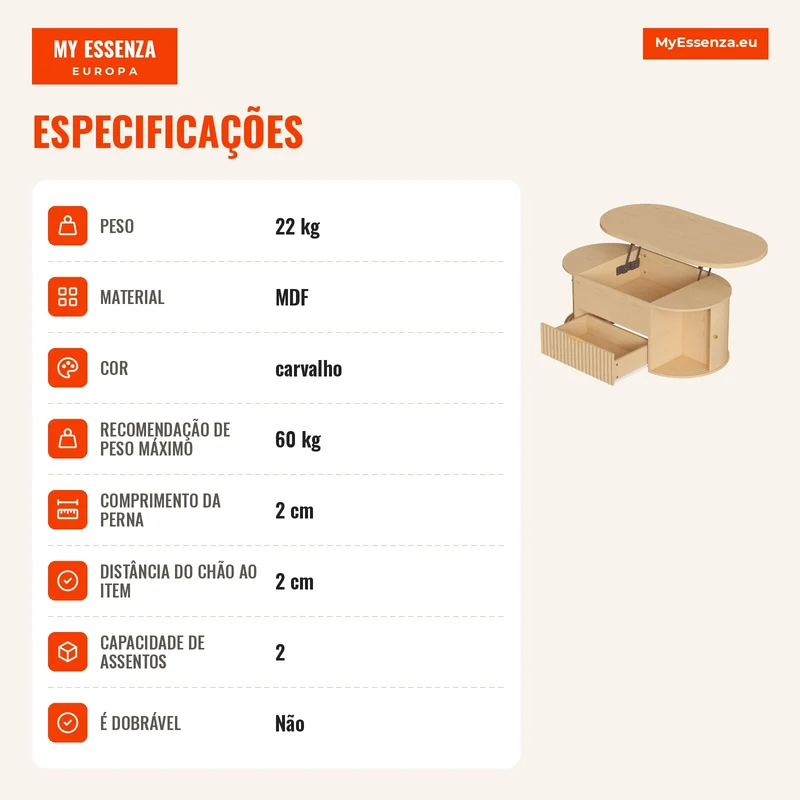 Mesa de Centro com Tampo Elevatório Oval Compartimento Oculto Gaveta Canelada Portas de Correr e Armários 100x50x40 cm Carvalho