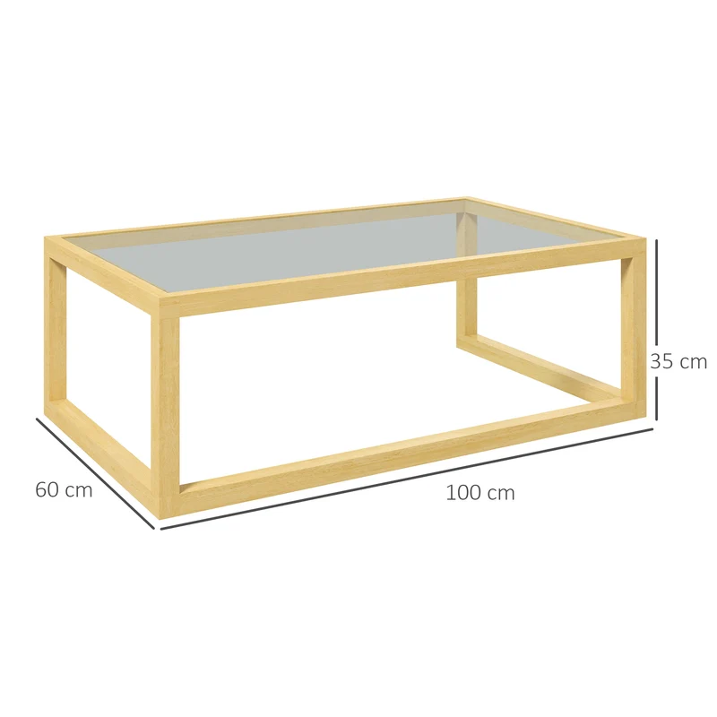 Mesa de centro retangular para sala com tampo em vidro temperado estrutura em madeira de hévea dim. 100L x 60l x 35H cm
