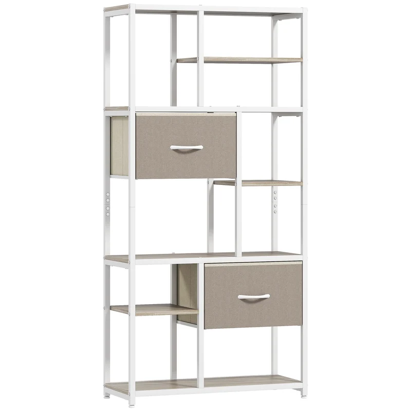 Estante de Arrumação 6 Níveis Estante com 2 Gavetas em Tecido 9 Prateleiras Abertas 72,5x30x150 cm Cáqui e Branco