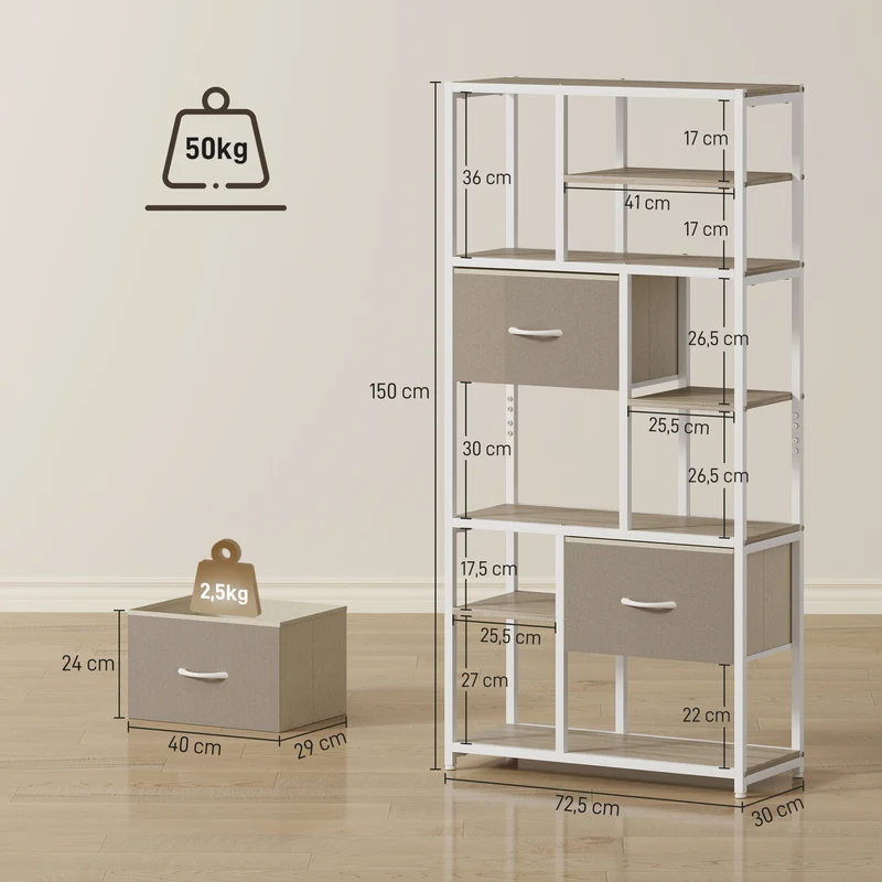 Estante de Arrumação 6 Níveis Estante com 2 Gavetas em Tecido 9 Prateleiras Abertas 72,5x30x150 cm Cáqui e Branco