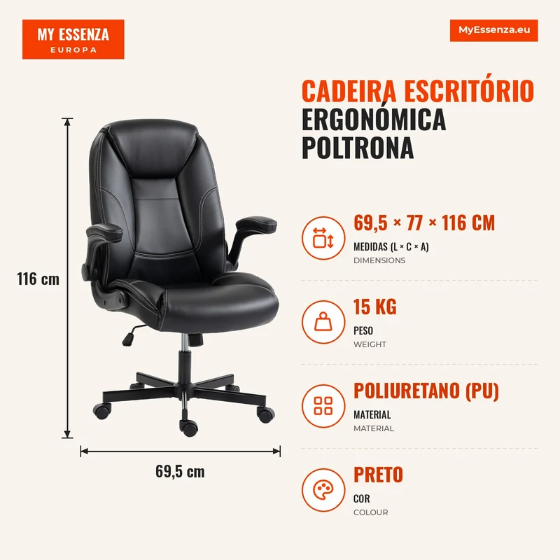 Cadeira Escritório Ergonómica Poltrona de Escritório Apoios de Braço Rebatíveis Altura Ajustável Função Balanço Preto
