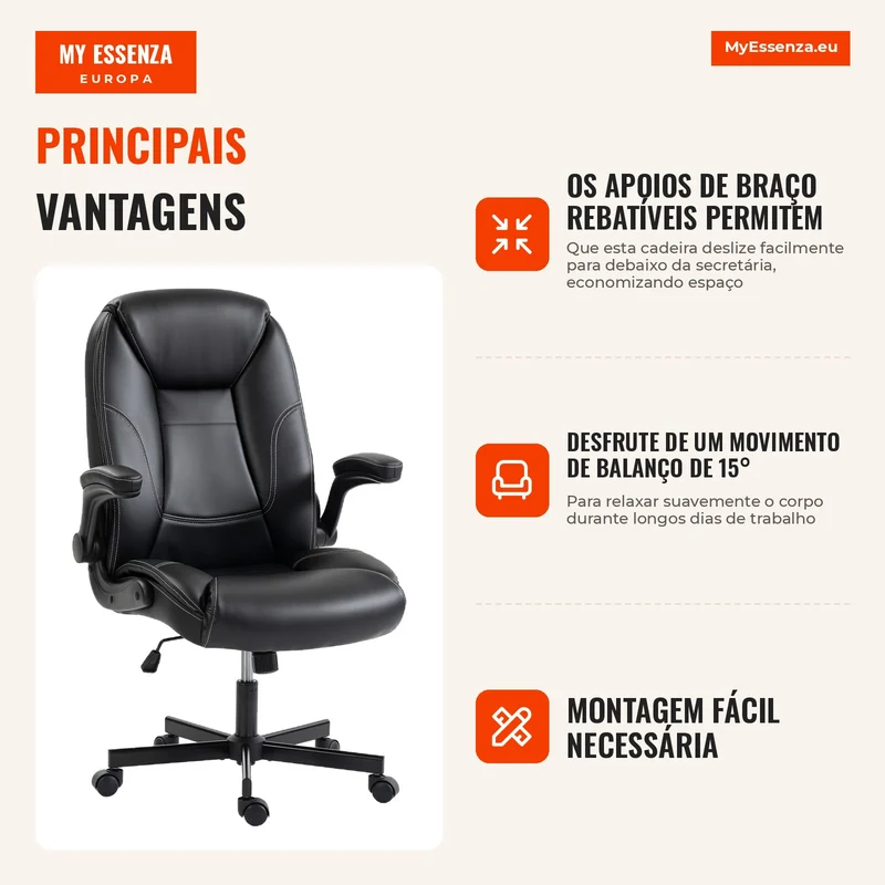 Cadeira Escritório Ergonómica Poltrona de Escritório Apoios de Braço Rebatíveis Altura Ajustável Função Balanço Preto