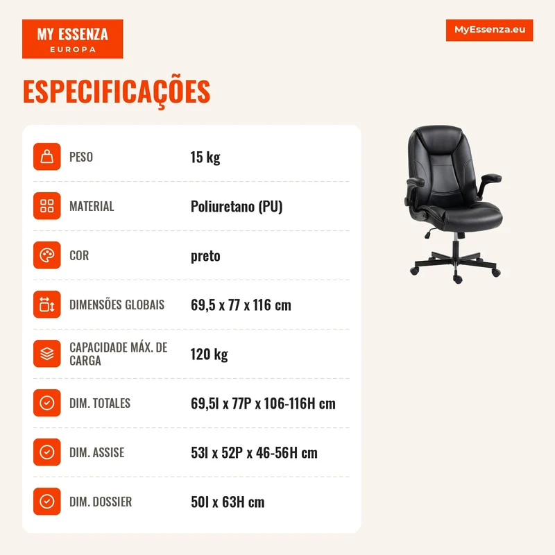 Cadeira Escritório Ergonómica Poltrona de Escritório Apoios de Braço Rebatíveis Altura Ajustável Função Balanço Preto
