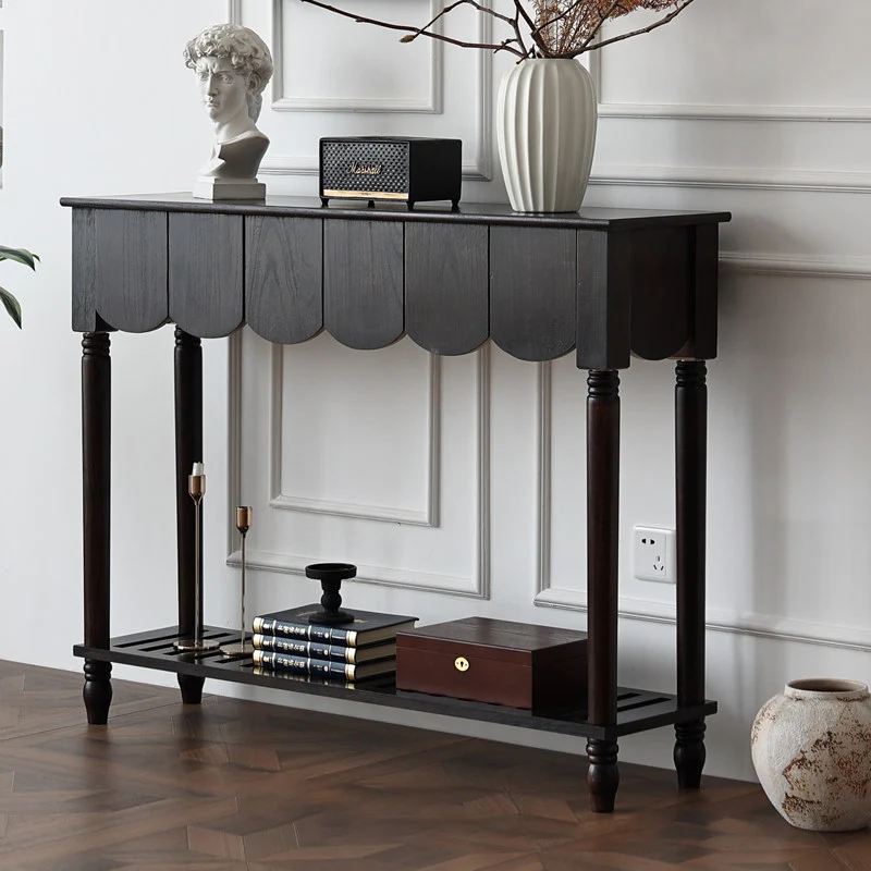 Modern Mid-Century Wavy-Edge Rectangular Solid Wood Console Table 2/3-Drawer For Entryway & Hallway