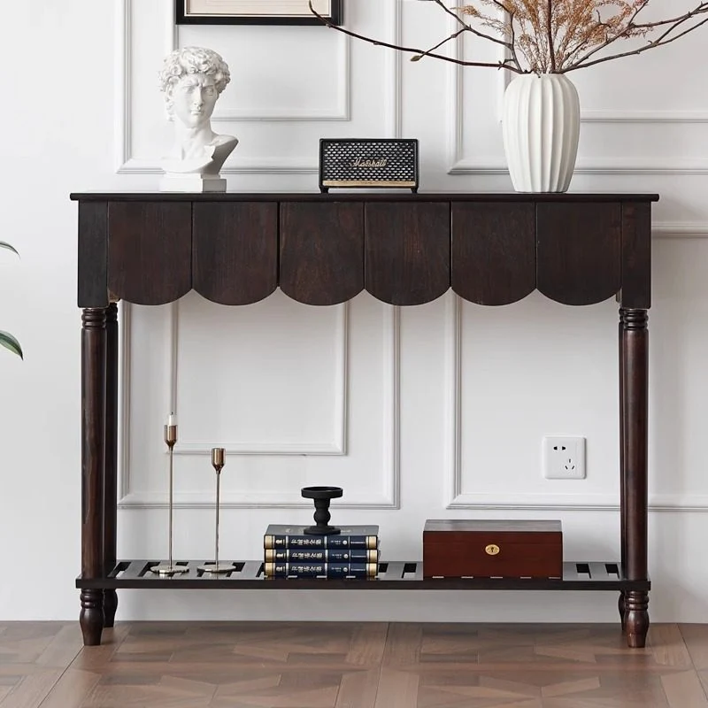 Modern Mid-Century Wavy-Edge Rectangular Solid Wood Console Table 2/3-Drawer For Entryway & Hallway