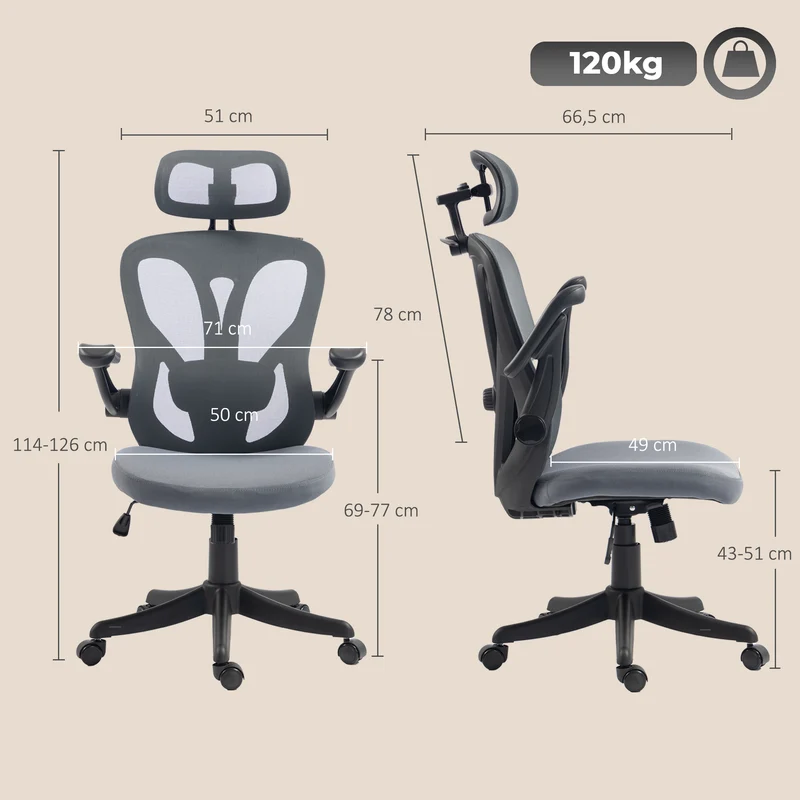 Cadeira Escritório Ergonômica Apoios de Braço Rebatíveis 3D Apoio de Cabeça 2D Cabide em Malha Cinza Escuro