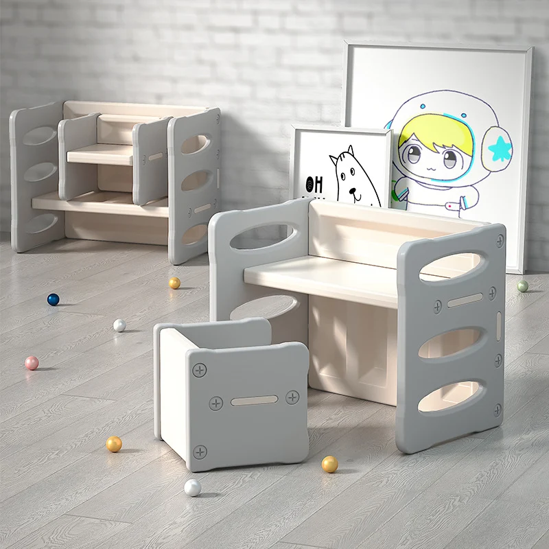Contemporary Nordic Rectangular Hollow PE Kids Desk & Chair Set For Home Office